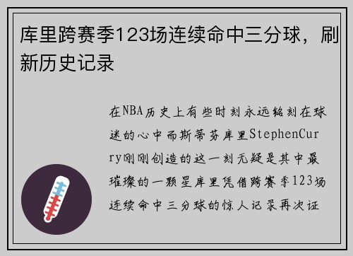 库里跨赛季123场连续命中三分球，刷新历史记录