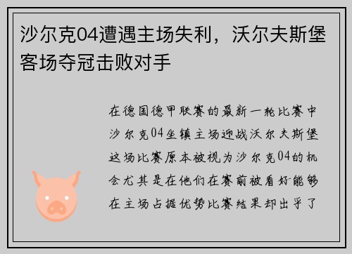 沙尔克04遭遇主场失利，沃尔夫斯堡客场夺冠击败对手