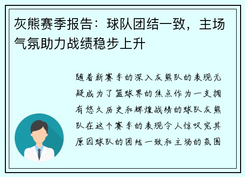 灰熊赛季报告：球队团结一致，主场气氛助力战绩稳步上升